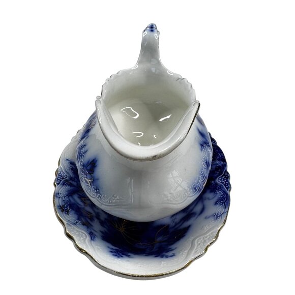 Antique Alfred Meakin Harvest Flow Blue Gravy Boat Porcelain w Underplate Relish - Picture 9 of 14